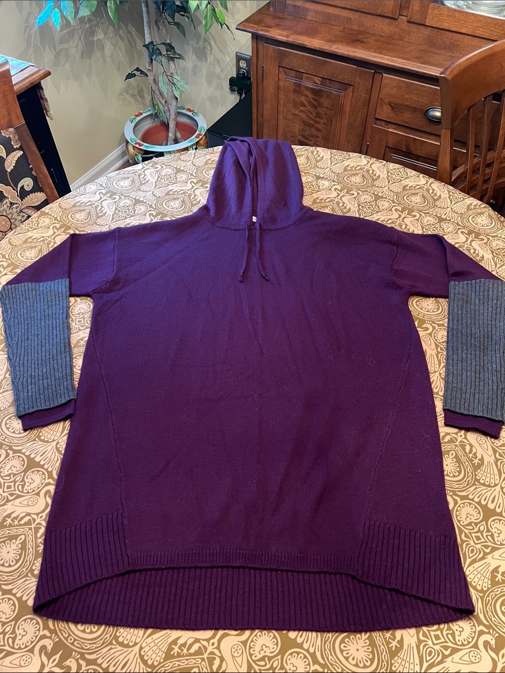 Athleta Purple Hooded Tunic Sweater with Gray Sleeve Panels